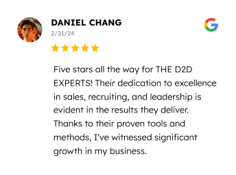 An online review with a five-star rating, featuring positive feedback about the exceptional service and significant business growth attributed to the work of "the d2d experts".