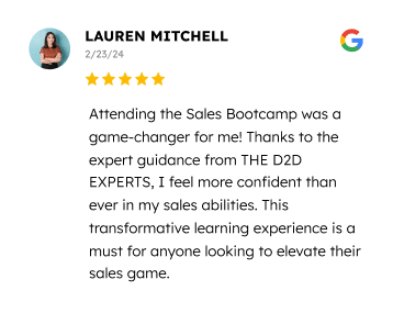 A glowing online review by a user named lauren mitchell, who rated a sales bootcamp with 5 stars, sharing her positive experience and how it has made her feel more confident in her sales abilities.