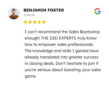 A five-star review by benjamin foster on google, praising a sales bootcamp for its effectiveness and proficient instructors, and recommending others to join if they're serious about boosting their sales skills.