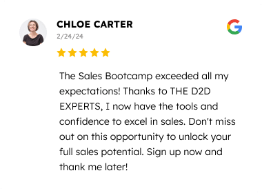 An online review card showing a positive testimonial from a person named chloe carter who gave a 5-star rating to a sales bootcamp, praising it for exceeding expectations and boosting confidence in sales skills. the review encourages others to sign up.