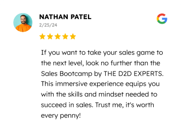 The image shows a stylized graphic of a customer review, featuring an avatar and the name "nathan patel" with a rating of 2 out of 5 stars. the accompanying review is critical of a sales bootcamp, questioning its value but contrarily ending on a seemingly positive note claiming it's worth every penny, which might indicate sarcasm due to the low star rating.