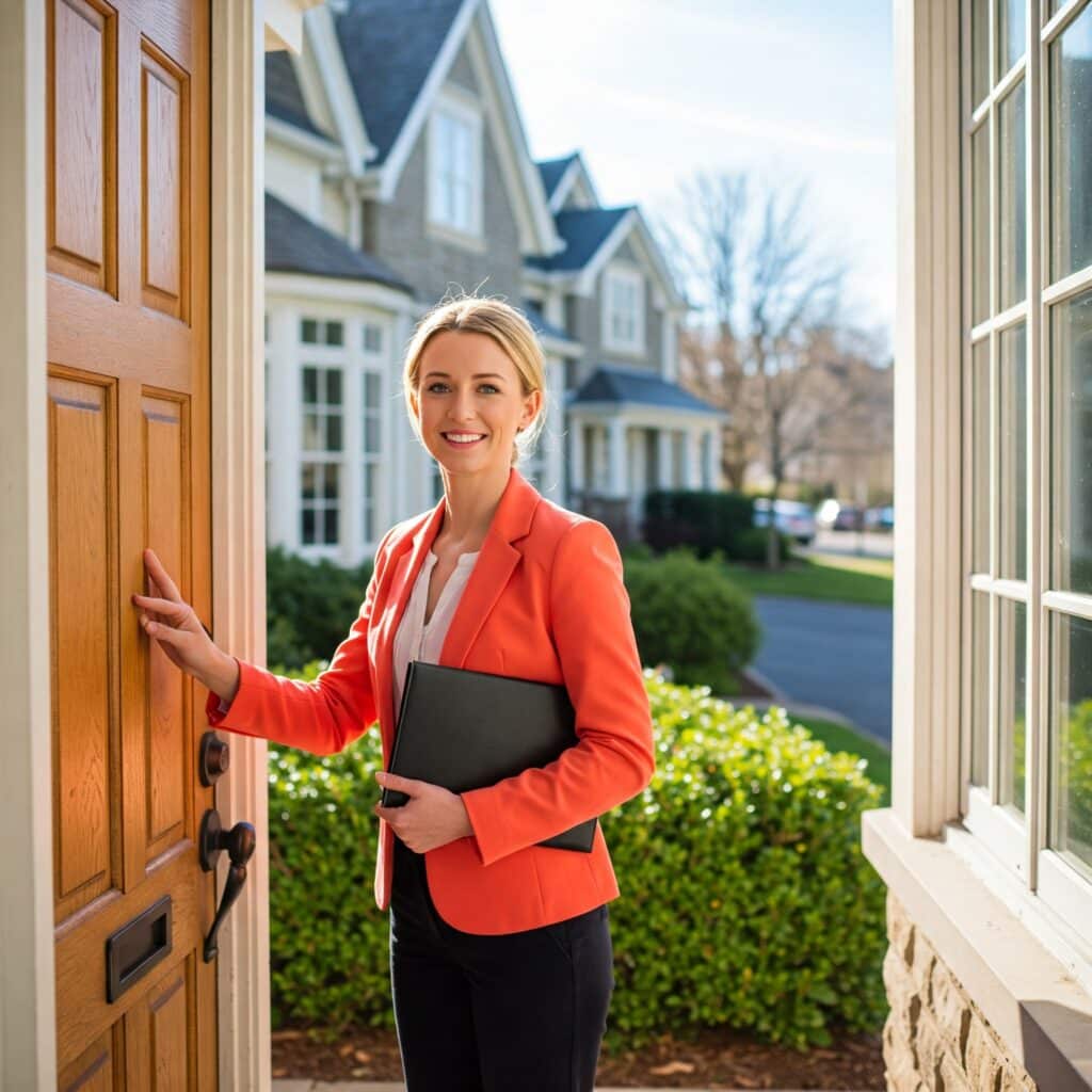 A smiling woman in a coral blazer holds a black folder while standing at the front door of a house, ready to share insights on how much you can make selling door to door in a sunny suburban neighborhood.