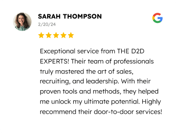 A positive customer testimonial by sarah thompson, featuring a five-star rating, highlighting the exceptional service of a team specializing in sales, recruiting, and leadership, commending their ability to unlock ultimate potential through their door-to-door services.