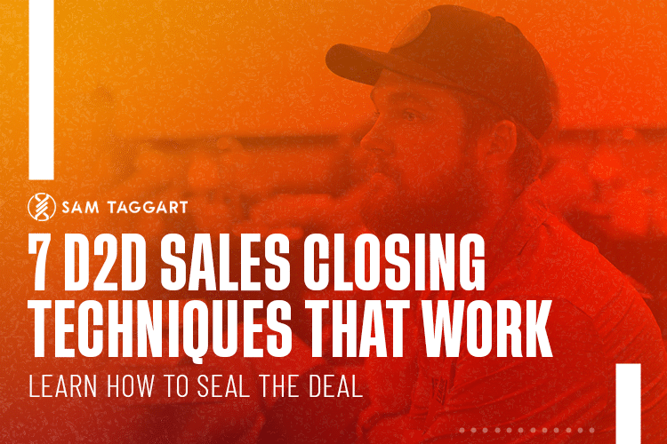A man in a cap faces right, overlaid with orange gradient. Text reads: “Sam Taggart. 7 Sales Closing Techniques That Work. Learn how to seal the deal.” Background is lightly textured.