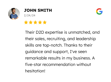 A review card with a 5-star rating from a reviewer named john smith on google, praising a business for its direct d2d expertise, sales, recruiting, and leadership skills that significantly benefited his business.