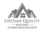 Logo of lifetime quality roofing and storm restoration featuring a stylized house roof above the company name in elegant, bold typography.