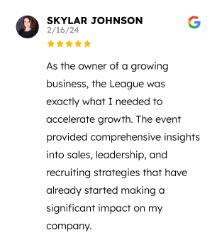 The image shows a glowing five-star review written by skyler johnson. the reviewer praises a particular event or service for being exactly what they needed to accelerate growth and provides positive feedback about gaining comprehensive insights, sales leadership, and recruiting strategies that have had a significant impact on their company.