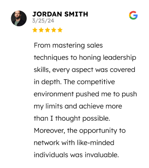 Snapshot of a glowing review from 'jordan smith' with a 5-star rating, highlighting exceptional sales skills, leadership qualities, and a competitive environment that fosters personal growth and valuable networking opportunities.
