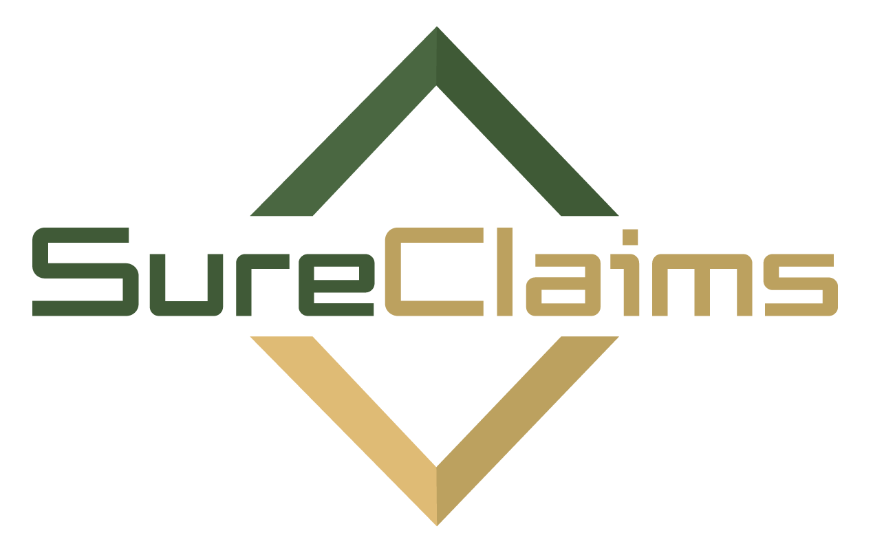 Logo of "sureclaims" featuring stylized text in gold and green colors with an abstract diamond shape in the background.