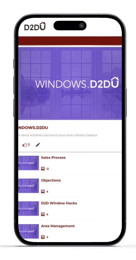 A smartphone displays a webpage for "WINDOWS.D2DU" with a purple header and logo. The page lists sections: Sales Process, Objections, D2D Window Hacks, and Area Management, each with an icon, number of items, and a brief description.