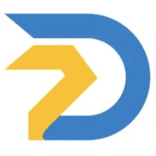 A stylized logo featuring a blue letter 'D' with a yellow geometric arrow integrated into the left side of the letter. The arrow points to the left while the 'D' curves smoothly around it. The overall design is bold and modern.