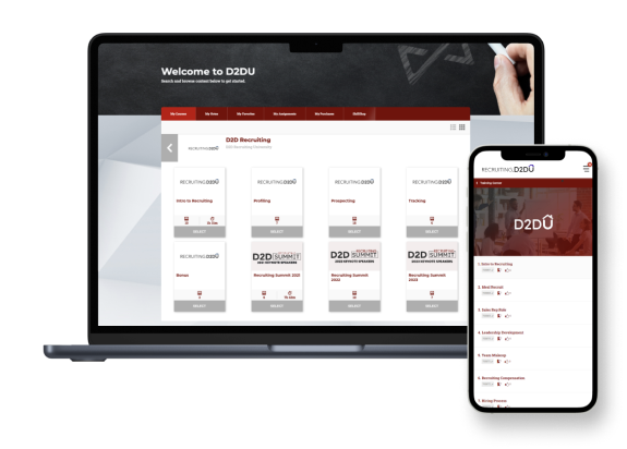 A laptop and a smartphone display a recruiting website with the header "Welcome to D2DU." The laptop screen shows detailed sections of the site, while the smartphone highlights a mobile-friendly menu. The website's theme features red and gray colors.