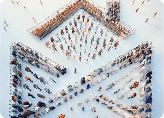 A large group of people arranged in a geometric formation resembling an envelope on a white surface. The individuals are spaced out evenly, creating a pattern with a triangular shape at the top and bottom and a diamond shape in the middle.