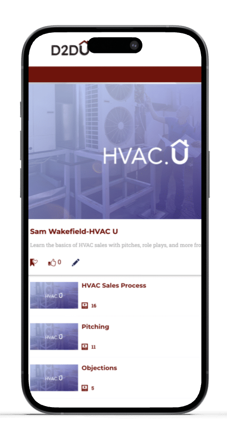 A smartphone screen displays a webpage from "D2D University" about HVAC U by Sam Wakefield. Below the heading is an instructional video titled "HVAC Sales Process," and tabs for other topics like "Pitching" and "Objections," showing engagement stats.