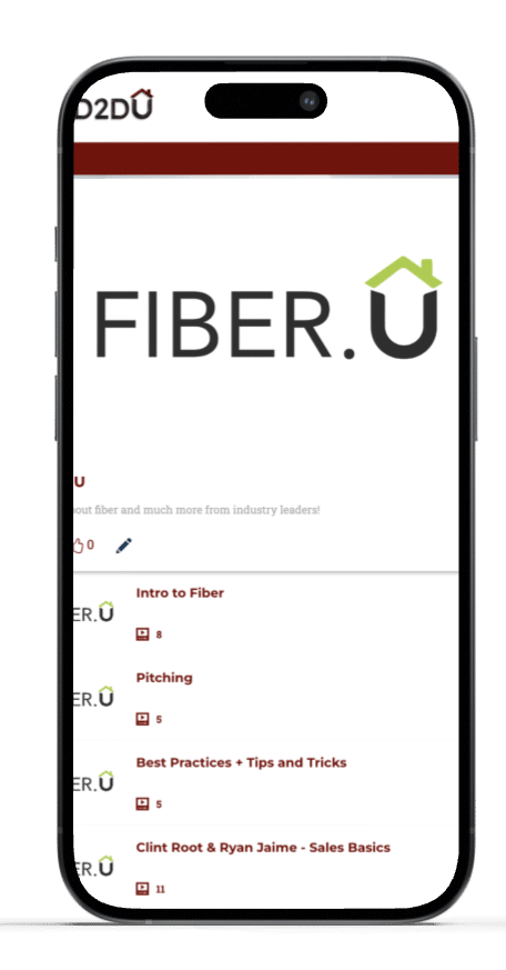 Smartphone screen displaying the FIBER.U website. The page shows the FIBER.U logo at the top with a house icon incorporated into the text. Below are menu options such as "Intro to Fiber," "Pitching," "Best Practices + Tips and Tricks," and "Sales Basics.