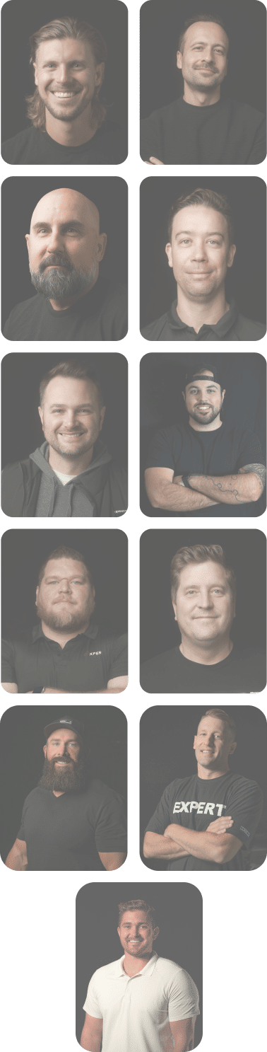 A vertical collage of twelve portrait photos shows men of varying appearances. The photos feature them smiling and posing against a dark background while dressed in casual attire. The bottom-left photo depicts a man in a white shirt.