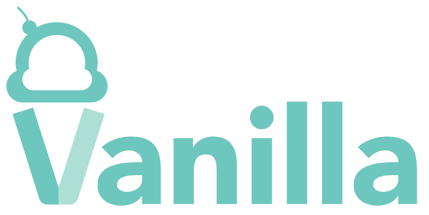 A stylized logo of the word "Vanilla" in teal capital letters. The letter "V" has an ice cream cone shape, and above it is a teal ice cream graphic with a cherry on top.