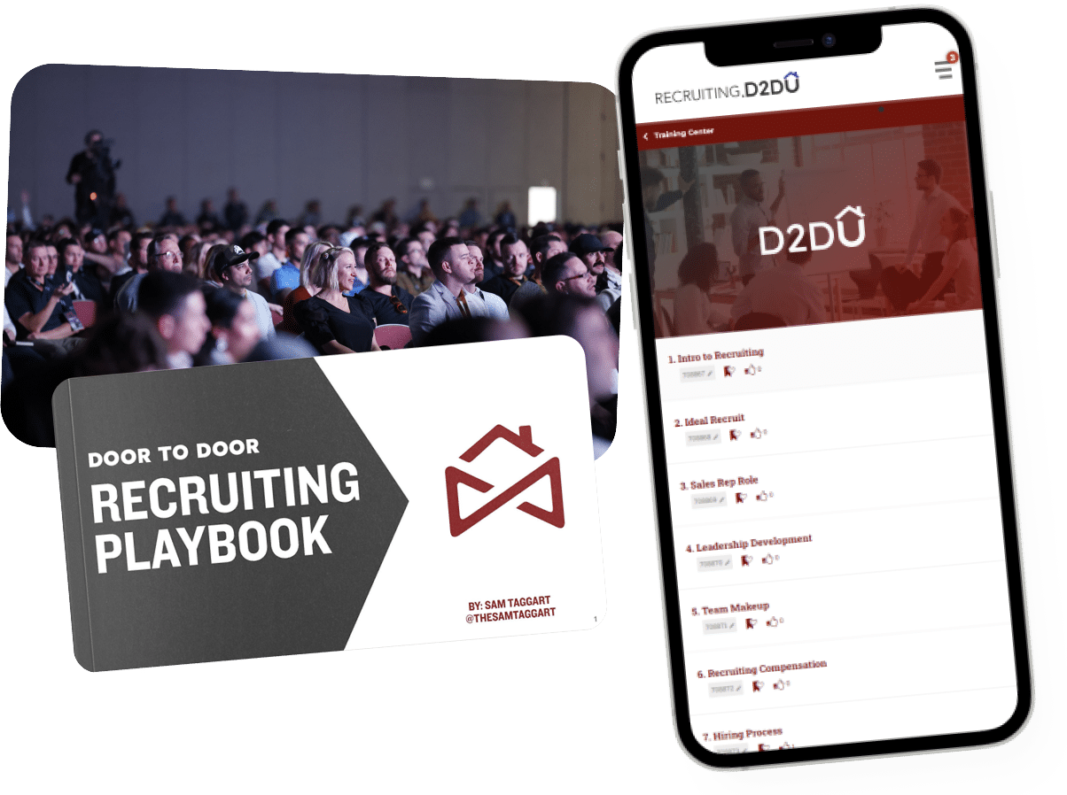 An image showing a filled conference hall with attendees on the left, with a small photo of a "Door to Door Recruiting Playbook." On the right, a smartphone displays the D2DU app's recruiting training modules such as "Intro to Recruiting," "Sales Prep," and more.