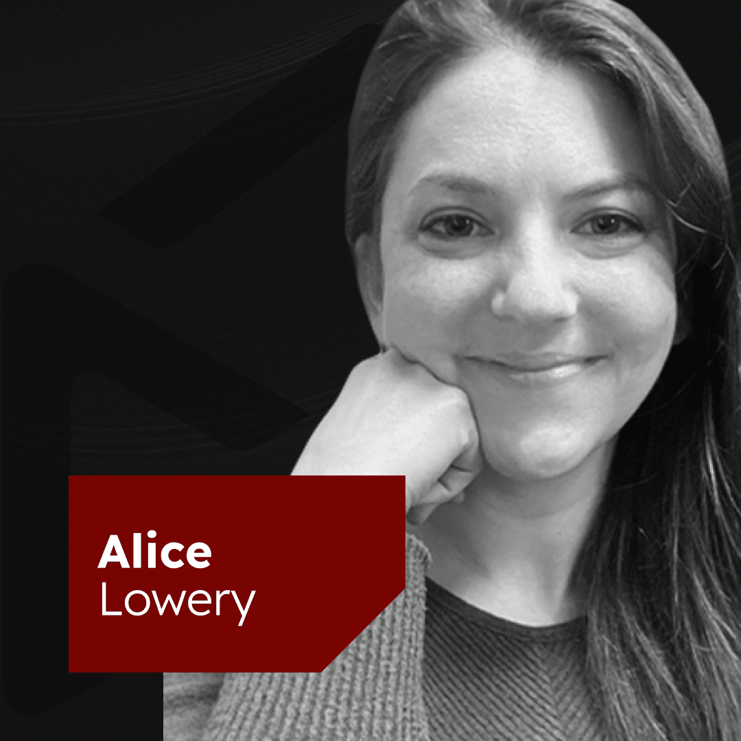 Black-and-white headshot of a woman with long, straight hair, propping her head on her hand and smiling gently. The background is dark with a faint pattern, and a red rectangular banner in the bottom left corner displays the name "Alice Lowery" in white text.