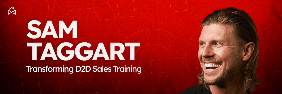 A person with long blonde hair and a beard is smiling against a red background. Text on the image reads "Sam Taggart, Direct Sales Evolution: Transforming D2D Sales Training.