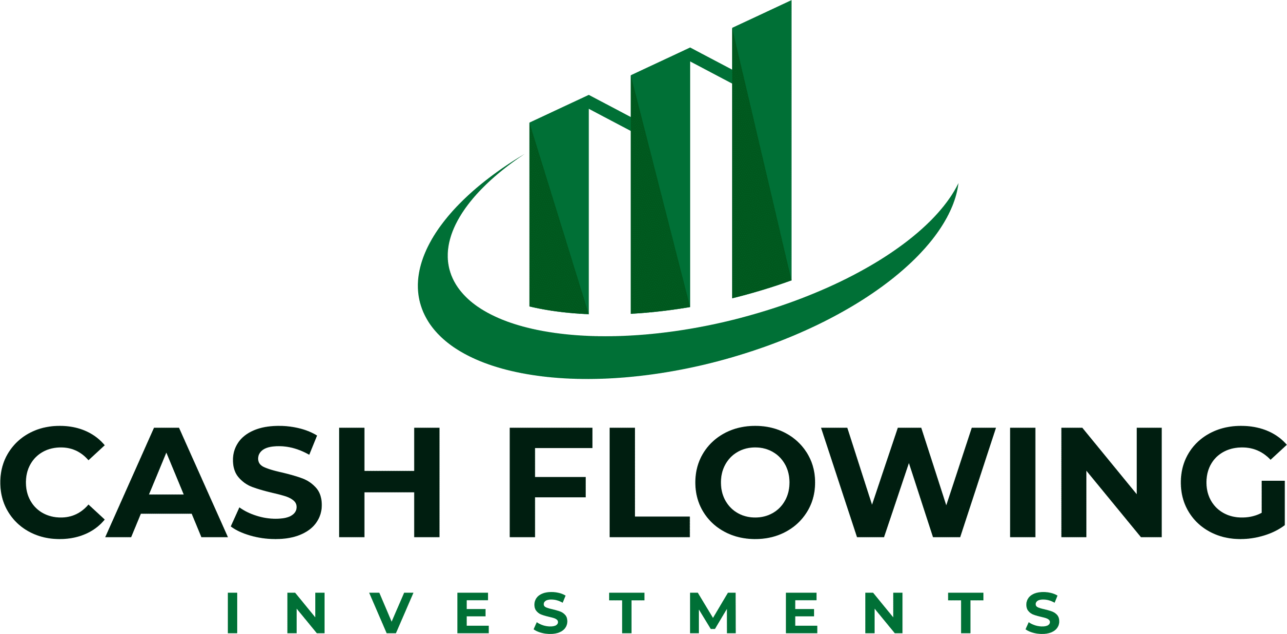 The logo features three green upward-pointing bar graphs with a swoosh circling around them, symbolizing progress and growth. Below the graphic, the text reads "CASH FLOWING" in bold, capital letters, with "INVESTMENTS" in smaller text beneath it.