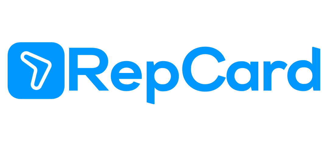 The image shows the RepCard logo, which consists of a blue square with a white shape resembling a stylized arrow on the left, followed by the word "RepCard" in bold, blue text.