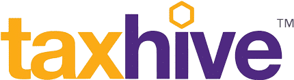 The image shows the logo for "taxhive." The text "tax" is in bold yellow-orange, while "hive" is in bold purple. Above the "i" in "hive," there is a yellow-orange hexagon shape. The entire logo is set against a white background.