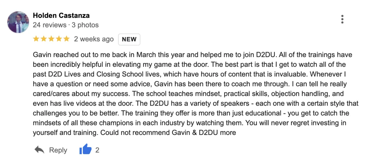 Screenshot of a review by Holden Castanza rating 5 stars. The review praises Gavin and D2D U training for its comprehensive approach, helpful mindset shifts, various expert speakers, and impactful advice on sales skills, strongly recommending the program.