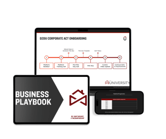 A laptop, tablet, and smartphone display business-related graphics. The laptop shows a corporate act onboarding process, the tablet displays "Business Playbook," and the smartphone shows a playlist progression.