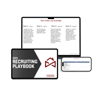 A digital illustration showing three devices: a tablet displaying a text follow-up example, a phone showing a table, and a laptop with a cover labeled "2023 Recruiting Playbook.