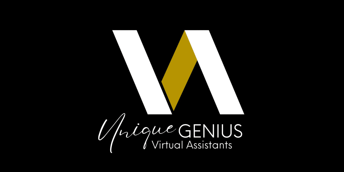 Bold letter "V" in white and gold on a black background, with the text "Unique GENIUS Virtual Assistants" below in white and gray fonts.