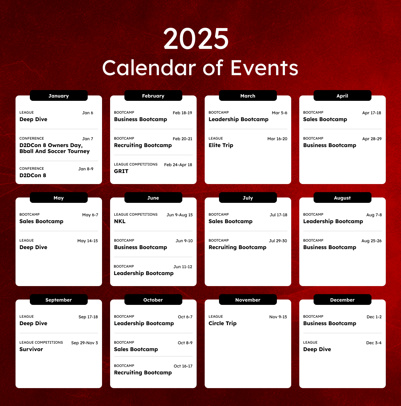 A 2025 calendar of events displays leagues and bootcamps. Monthly events include Business Bootcamp, Leadership Bootcamp, Sales Bootcamp, Recruiting Bootcamp, Deep Dive, GRIT, Circle Trip, Elite Trip, and Survivor from January to December.