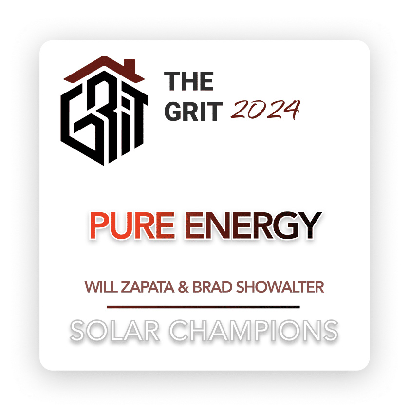 Promotional image featuring "The Grit 2024" logo with stylized text. Below, "Pure Energy" in gradient red, and "Will Zapata & Brad Showalter" with "Solar Champions" at the bottom in white, suggesting a focus on energy or sustainability.