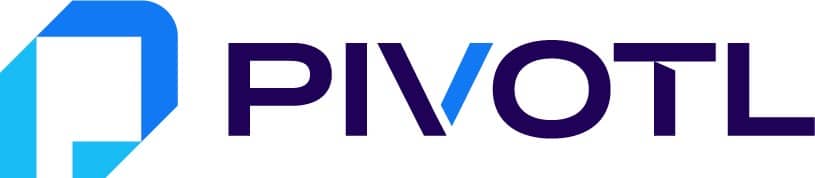 The image shows the logo of "PIVOTL" with stylized text. The letter "V" is highlighted in a lighter shade of blue, while the rest of the text is in dark blue. To the left, there is an abstract geometric shape in blue tones.