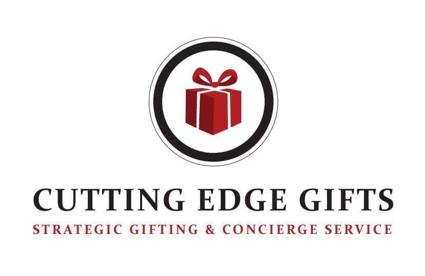 Logo for Cutting Edge Gifts. Features a red gift box inside a black and white circle. The text below reads: "CUTTING EDGE GIFTS - Strategic Gifting & Concierge Service.