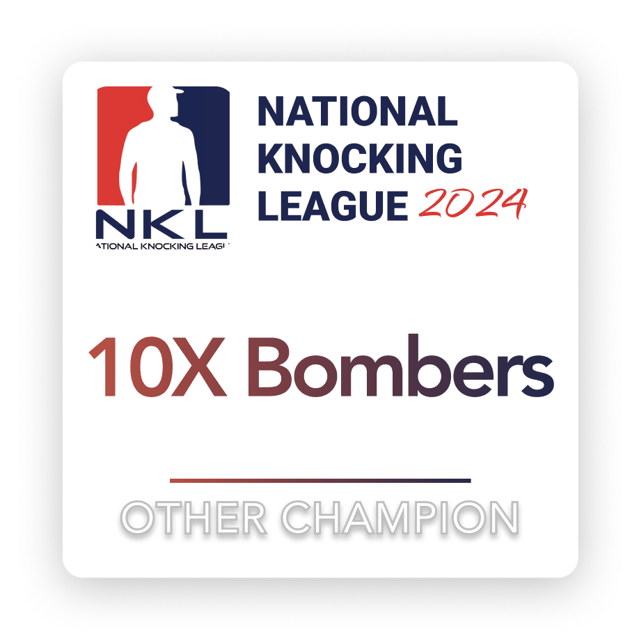 Logo for the National Knocking League 2024 with the text "10X Bombers" prominently displayed. Below, the text "Other Champion" is written. The logo includes a silhouette of a person and a patriotic color scheme of red, white, and blue.