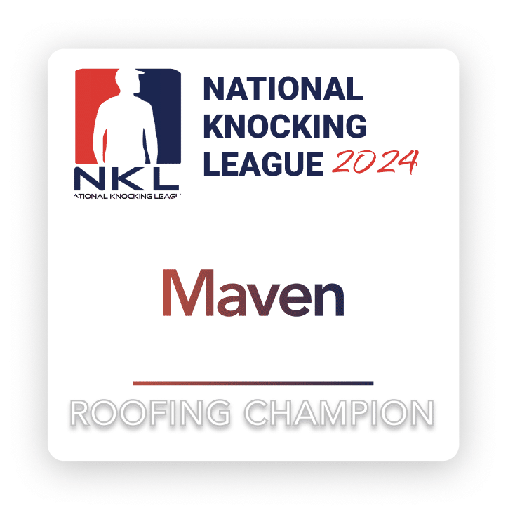 Logo for the National Knocking League 2024 featuring a silhouette of a person and text reading "Maven, Roofing Champion.