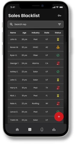 A smartphone displaying a "Sales Blacklist" app. It lists names, ages, industries, states, and statuses of sales reps in a table format. The first row reads John B., 28 yrs, Pest, UT. Some statuses have symbols like red crosses. A red plus button is at the bottom.