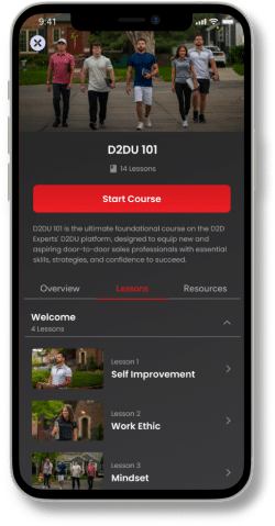 A smartphone displays an app interface for "D2DU 101" with 14 lessons. The screen shows a "Start Course" button and a description of the course. Below, there's a menu with sections for Overview, Lessons, and Resources, listing three lessons.