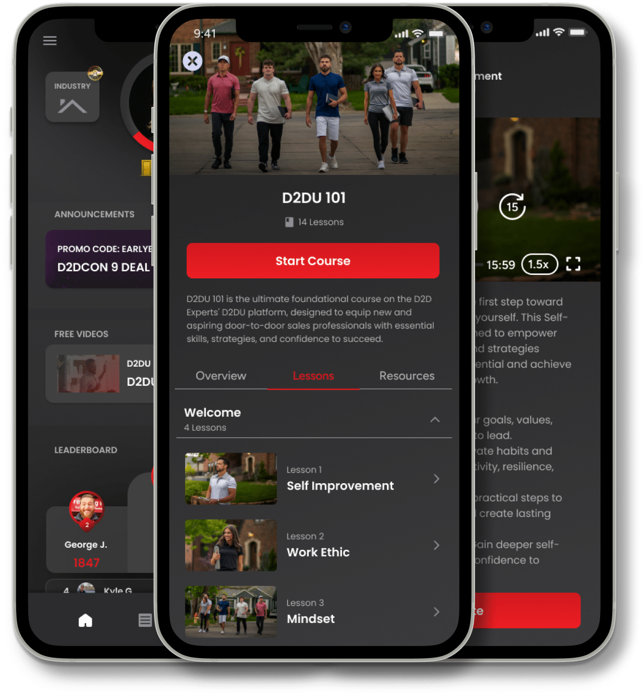 The image shows a mobile app interface with people walking in the background. It features a course titled "D2DU 101" with sections for lessons on self-improvement, work ethic, and mindset. The app has navigation options and user engagement features.