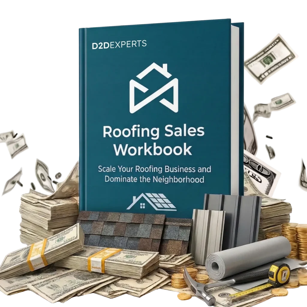 A book titled "Roofing Sales Workbook" stands upright, surrounded by stacks of cash, bundles of money, roofing shingles, and rolls of roofing material, illustrating How To Sell Roofs for financial success in the roofing business.