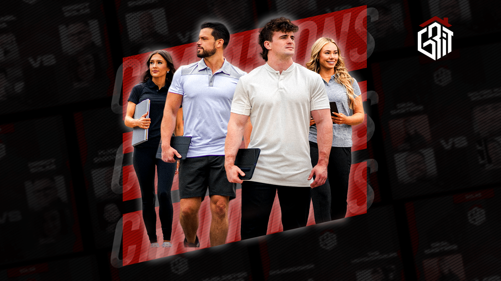 Four people holding tablets stand confidently against a blurred, dark background with text. They're dressed in casual, athletic wear. A stylized "BM" logo is in the top right corner.