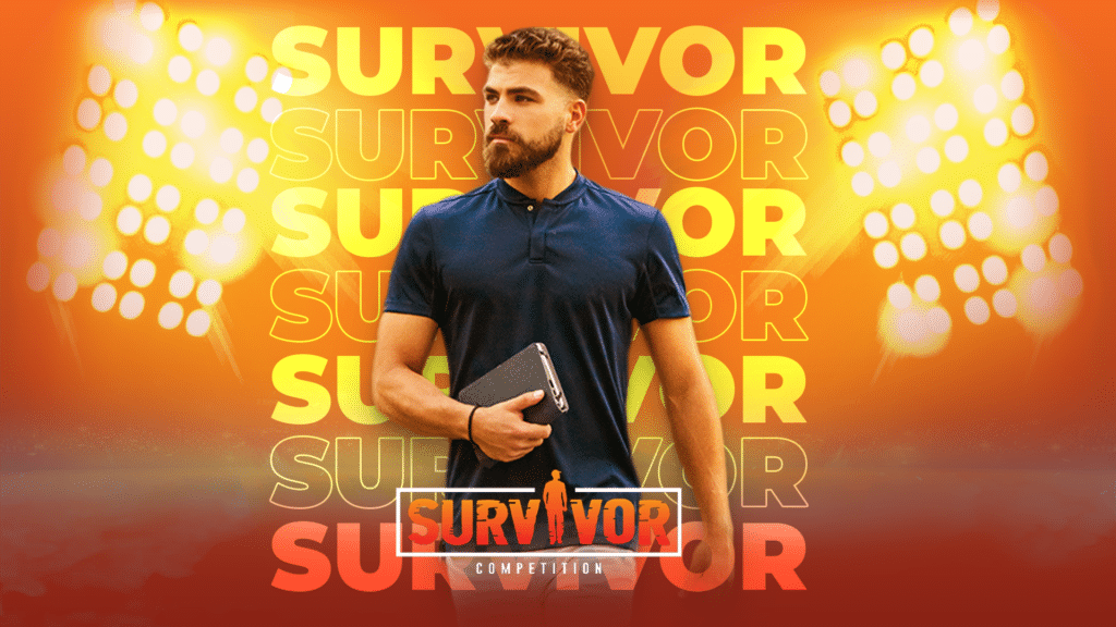 A man with a beard stands holding a notebook, set against a vibrant background with the word "Survivor" repeated. Stadium lights and an orange hue dominate the scene, with "Survivor Competition" displayed at the bottom.