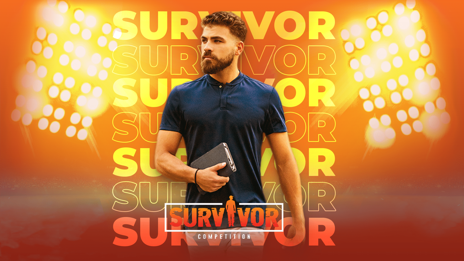 A man with a beard stands holding a notebook, set against a vibrant background with the word "Survivor" repeated. Stadium lights and an orange hue dominate the scene, with "Survivor Competition" displayed at the bottom.