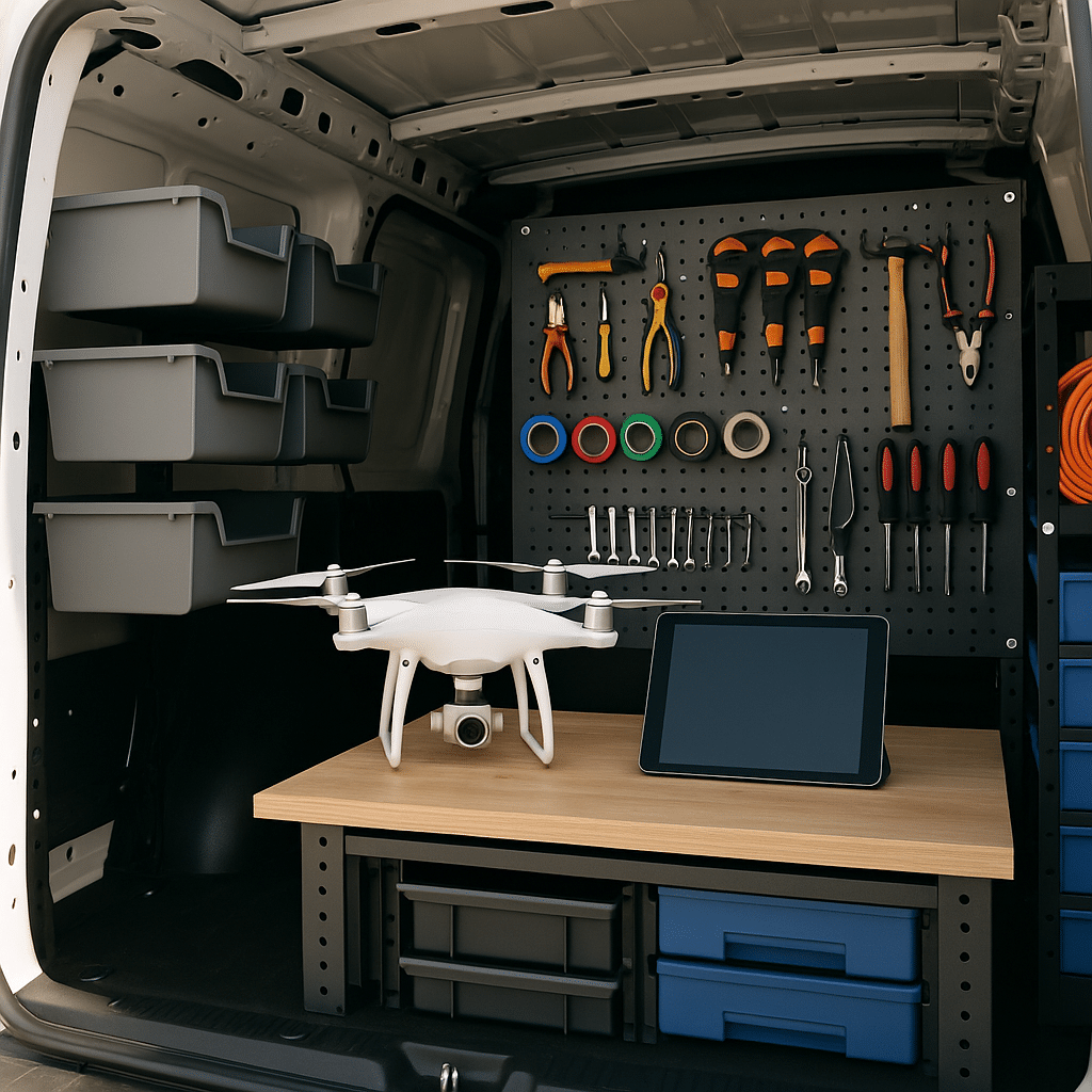 The back of a van organized as a mobile workshop, with tools hanging on a pegboard, storage bins on the side, a tablet and a drone on a wooden workbench, and neatly coiled orange cable.