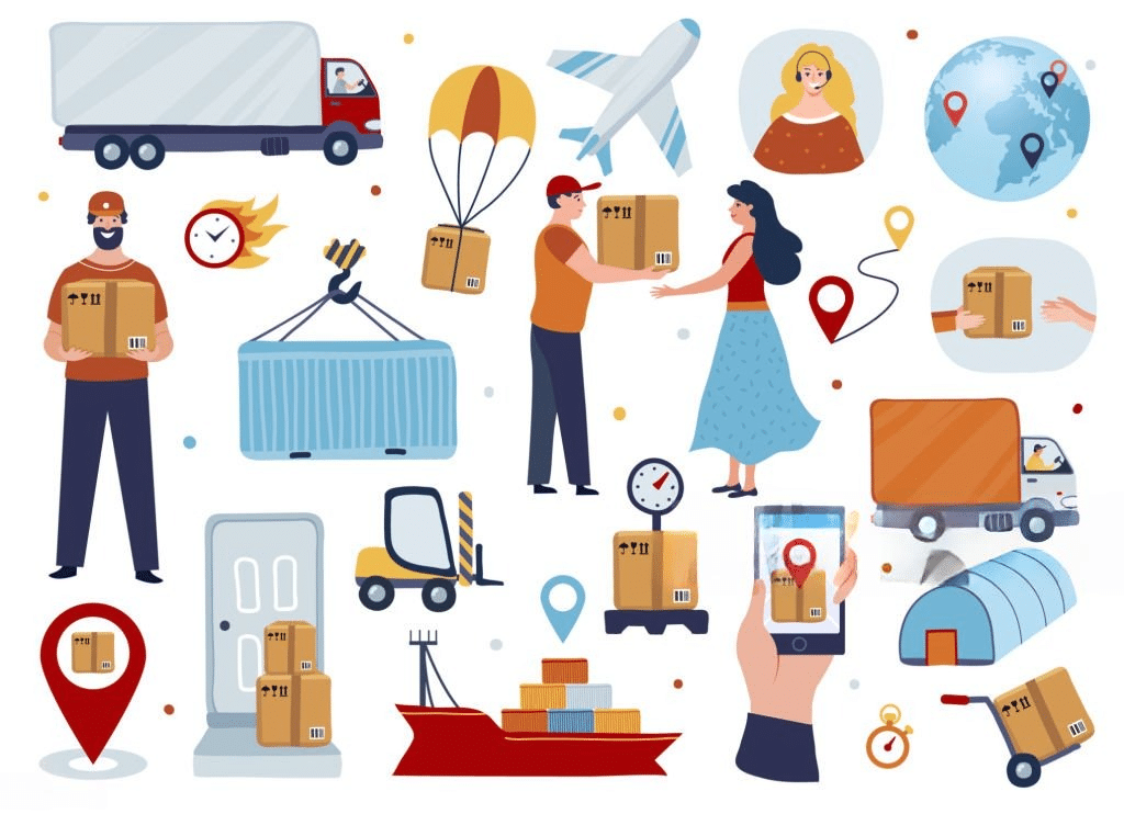 Illustration of a delivery and logistics theme featuring door-to-door software. Includes a delivery person with a package, truck, shipping container, airplane, and icons like a clock, location pins, and smartphone with a map. People exchanging packages enhance the scene's dynamic nature.