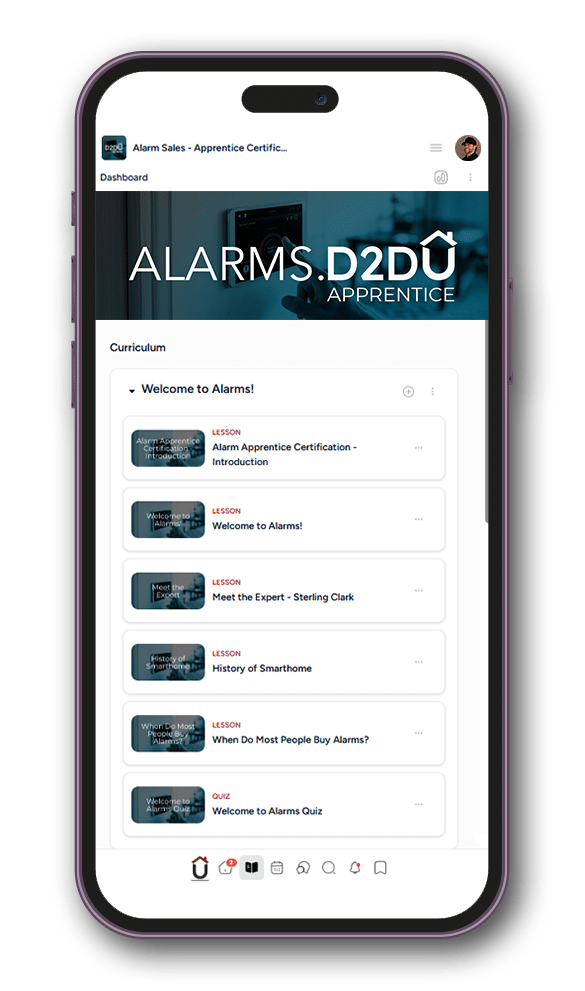A smartphone displays an online course dashboard for "ALARMS.D2DU Apprentice" with a list of lessons and a quiz under the "Welcome to Alarms!" curriculum section.