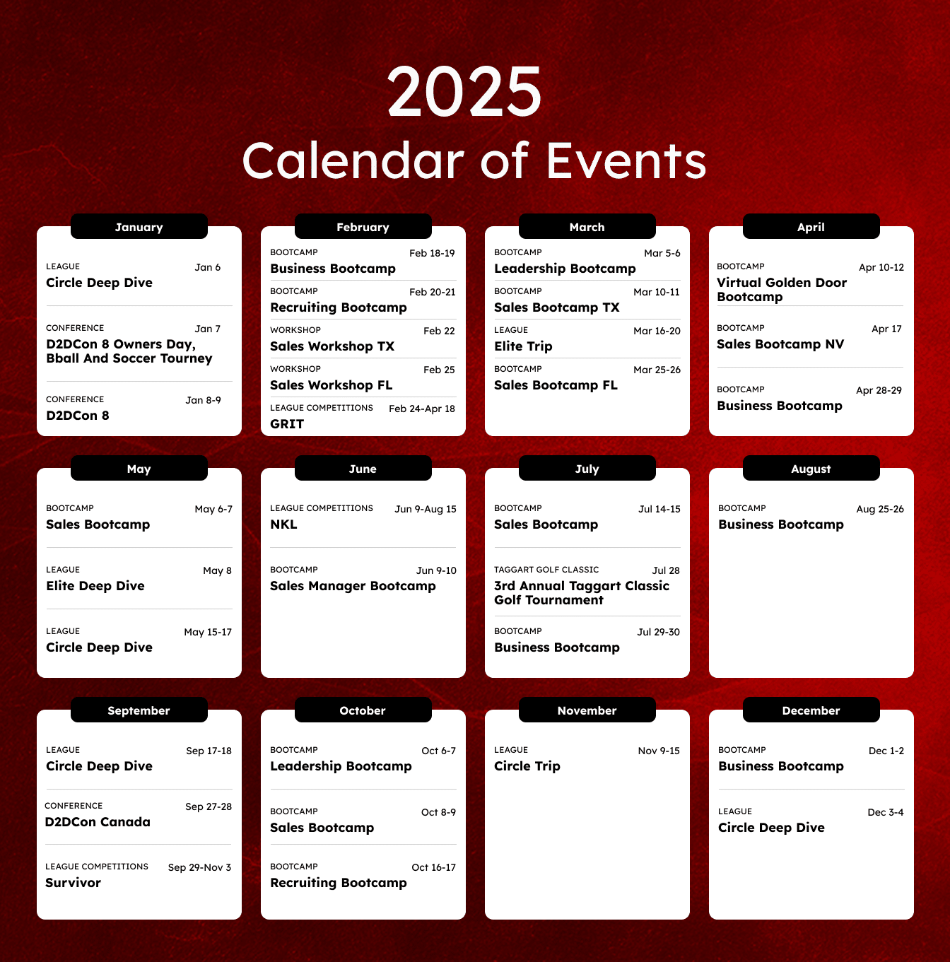 2025 calendar of events with monthly boxes listing various bootcamps, workshops, league competitions, and special events, including D2DCon, sales bootcamps, business bootcamps, and recruitment workshops.