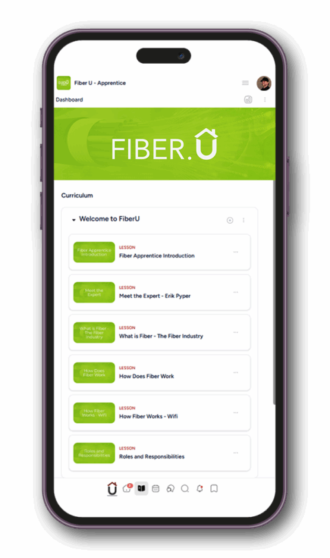 FIBER.D2DU PRO app A smartphone displays the Fiber U - Apprentice online course dashboard, showing a green banner and a curriculum list of lessons on fiber optics, including introductions, industry experts, and WiFi topics.