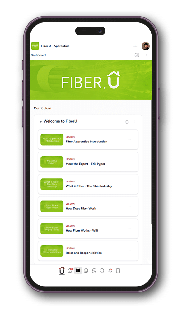 Smartphone screen displaying the FIBER.U website. The page shows the FIBER.U logo at the top with a house icon incorporated into the text. Below are menu options such as "Intro to Fiber," "Pitching," "Best Practices + Tips and Tricks," and "Sales Basics.